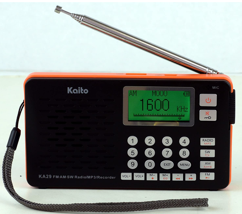 Kaito KA29 AM/FM/Shortwave radio MP3 player front view.